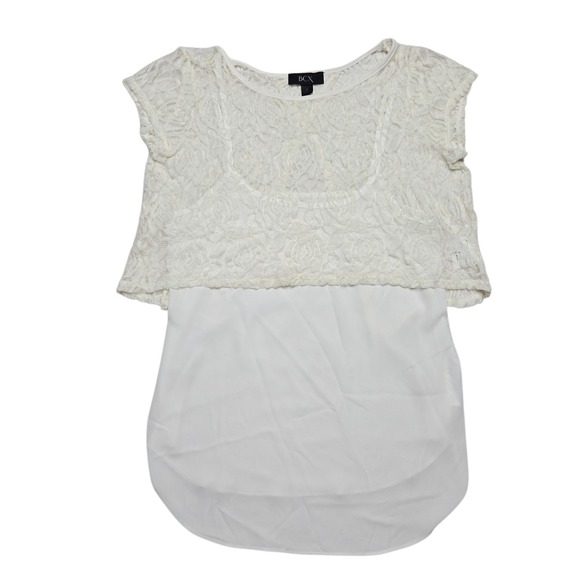 BCX Tops - BCX Top Womens Medium Ivory White Lace Overlay Short Sleeve Layered Blouse Shirt